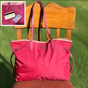 AUTHENTIC Tessuto Nylon Saffiano Shopping Tote. Hot pink.